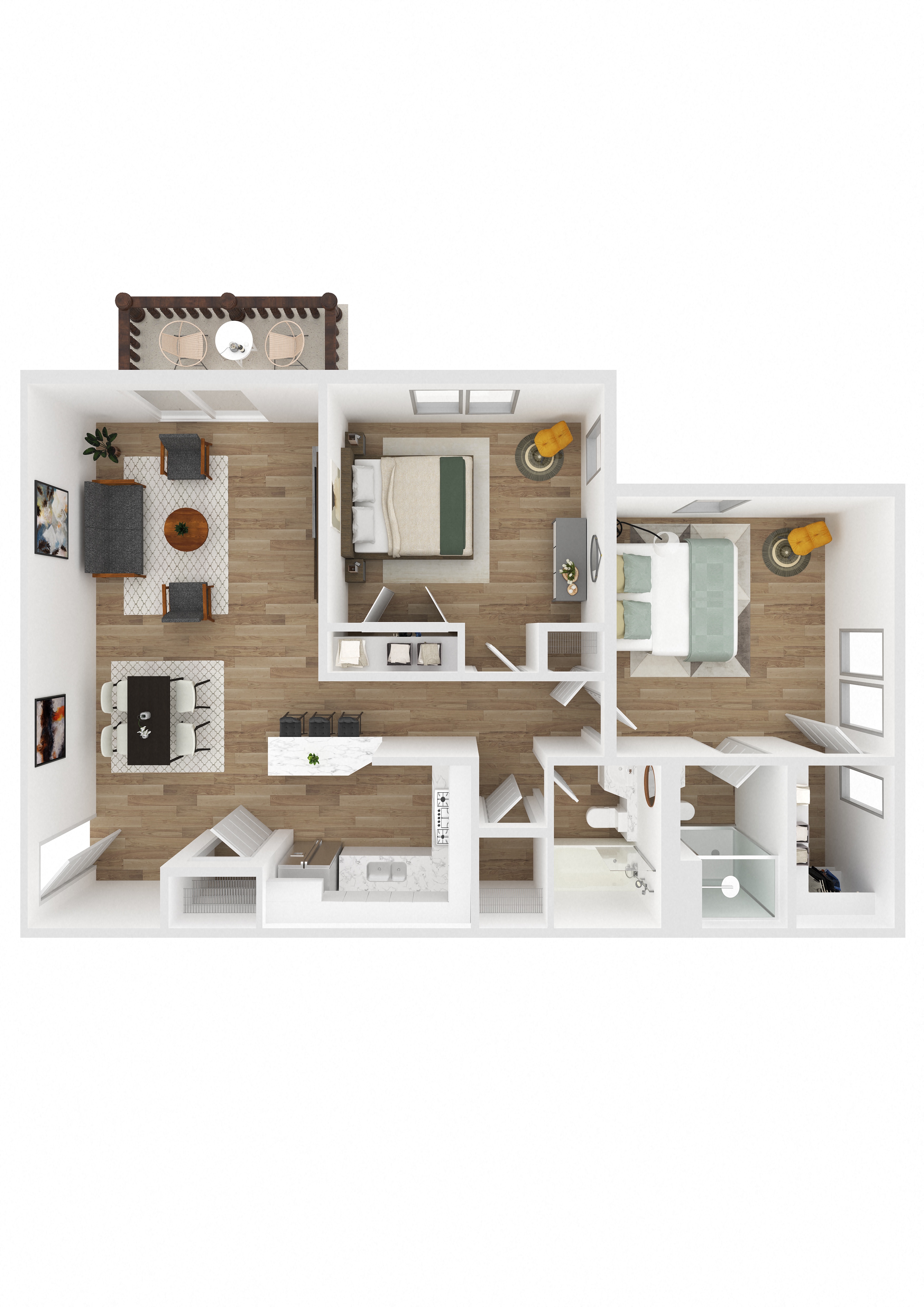 Floor plan for 2 beds, 2 baths, 921 sqft